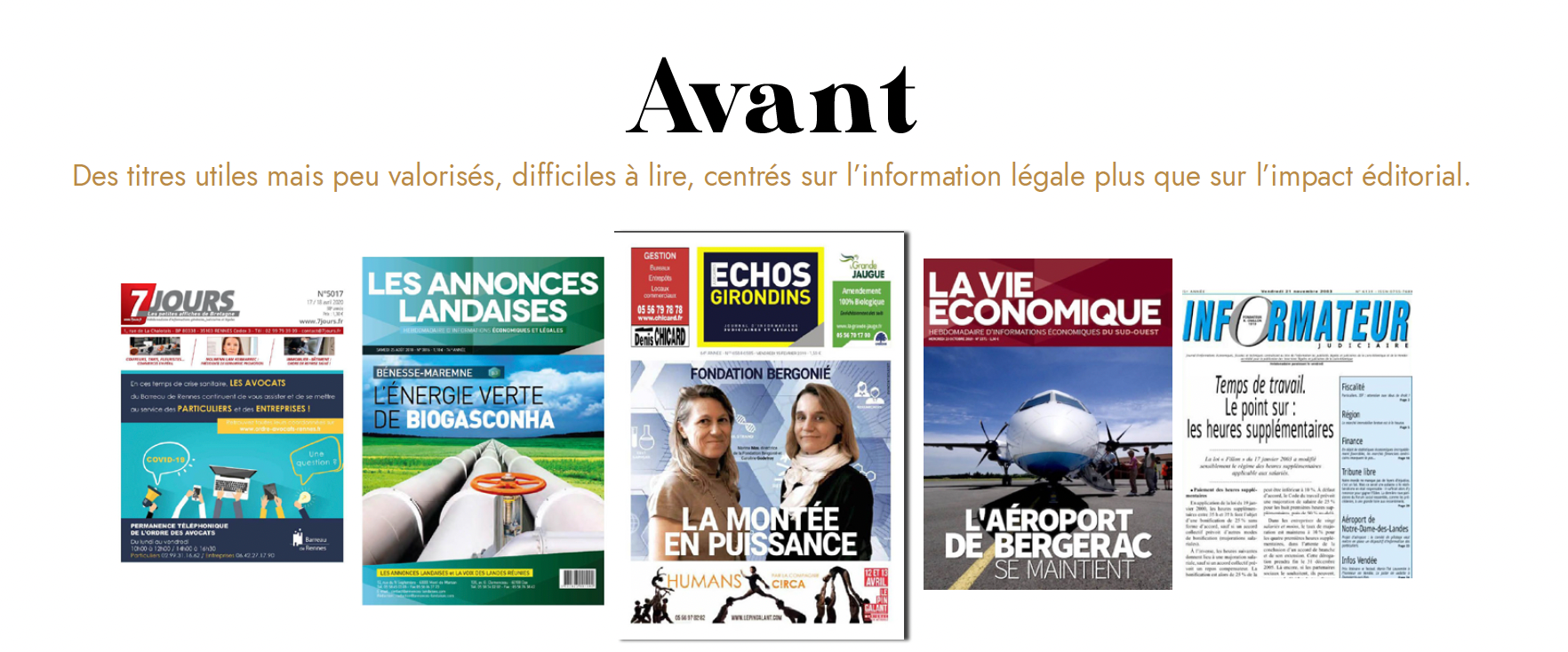 Avant la refonte — couvertures originales des cinq titres du groupe de presse